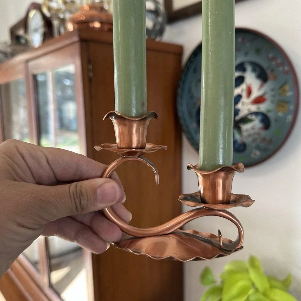 VTG Gregorian Solid Copper Double Candle Holder Scalloped Edge Cottagecore